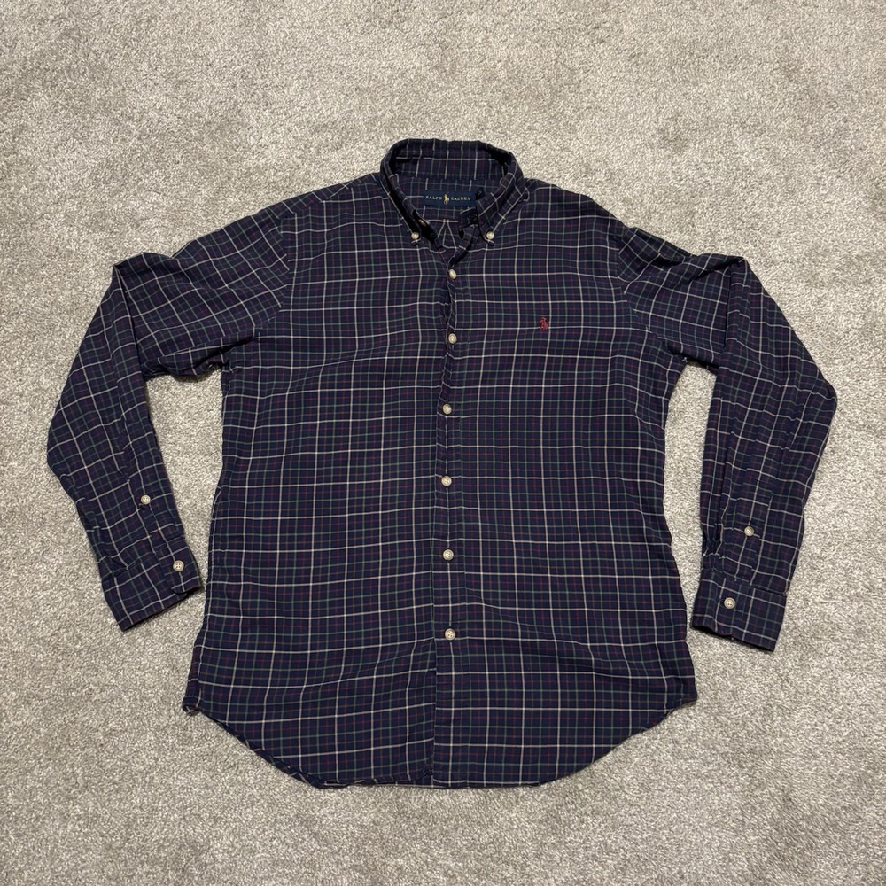 Ralph Lauren Shirt Mens Small Green Blue Plaid Slim Fit Flannel Button Down